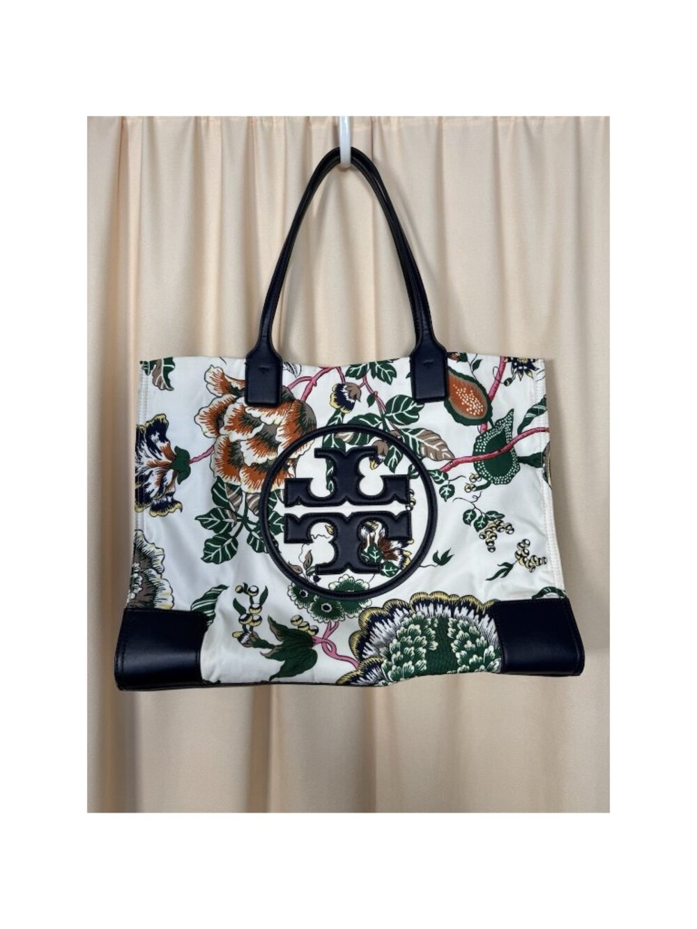 Tory Burch Large Ella Nylon Tote with Navy Trim Bold Floral Leather Bottom